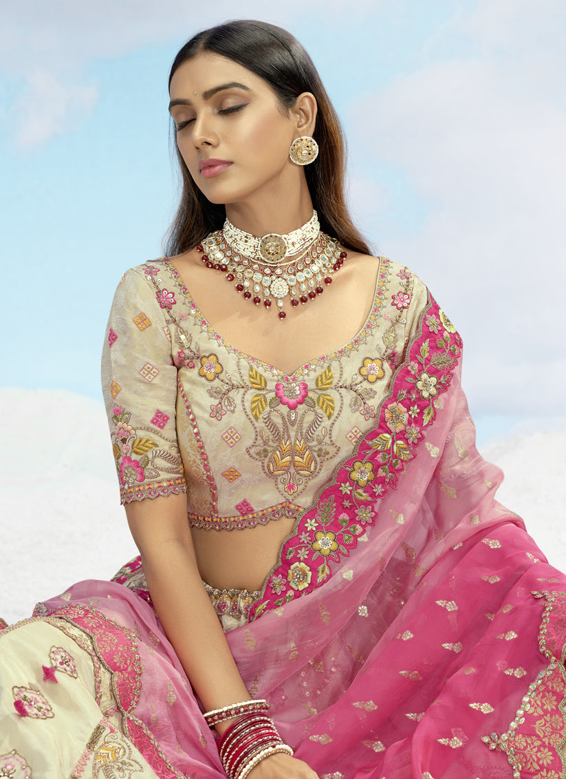 Pretty Cream Silk Embroidered Designer Wedding Lehenga Choli Set