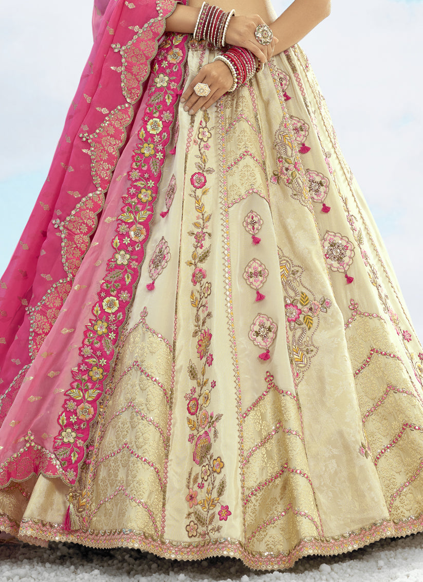 Pretty Cream Silk Embroidered Designer Wedding Lehenga Choli Set