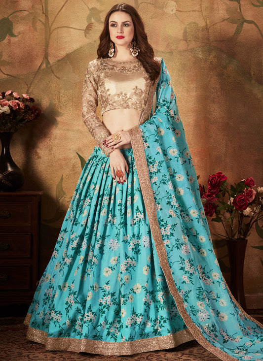 Charismatic Sky Blue and Beige Organza Printed Wedding Lehenga Choli