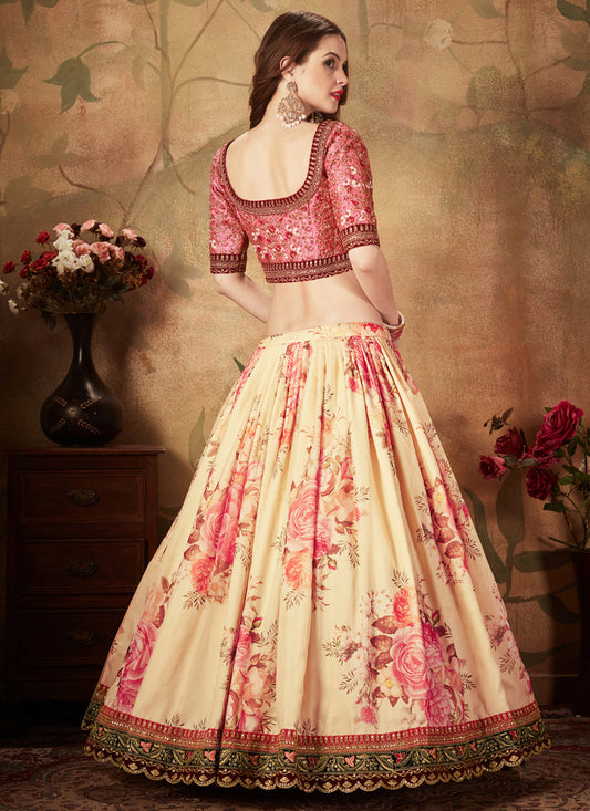 Spectacular Beige and Peach Organza Printed Wedding Lehenga Choli