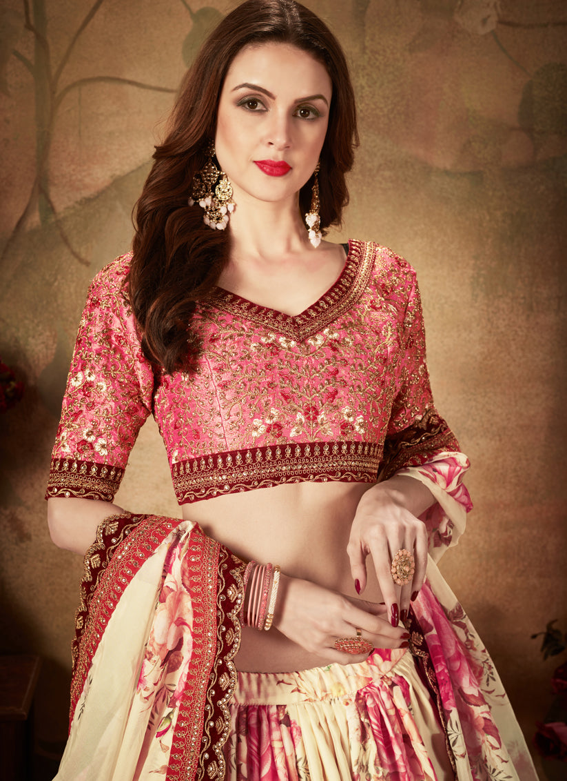 Spectacular Beige and Peach Organza Printed Wedding Lehenga Choli