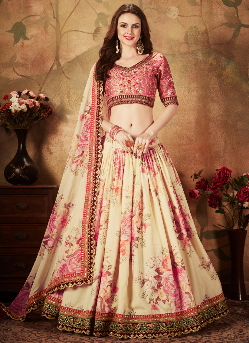 Spectacular Beige and Peach Organza Printed Wedding Lehenga Choli