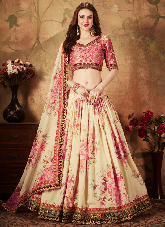 Spectacular Beige and Peach Organza Printed Wedding Lehenga Choli