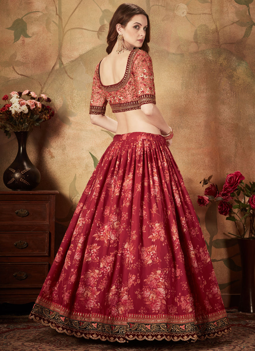 Astonishing Maroon and Peach Organza Printed Wedding Lehenga Choli