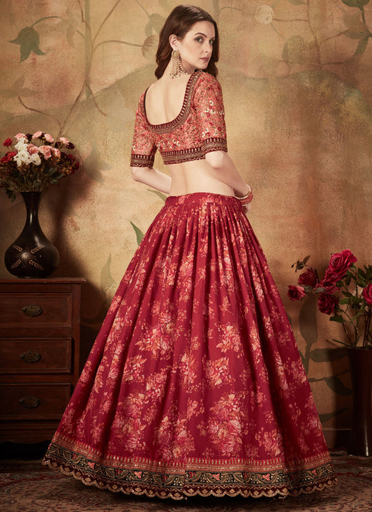 Astonishing Maroon and Peach Organza Printed Wedding Lehenga Choli