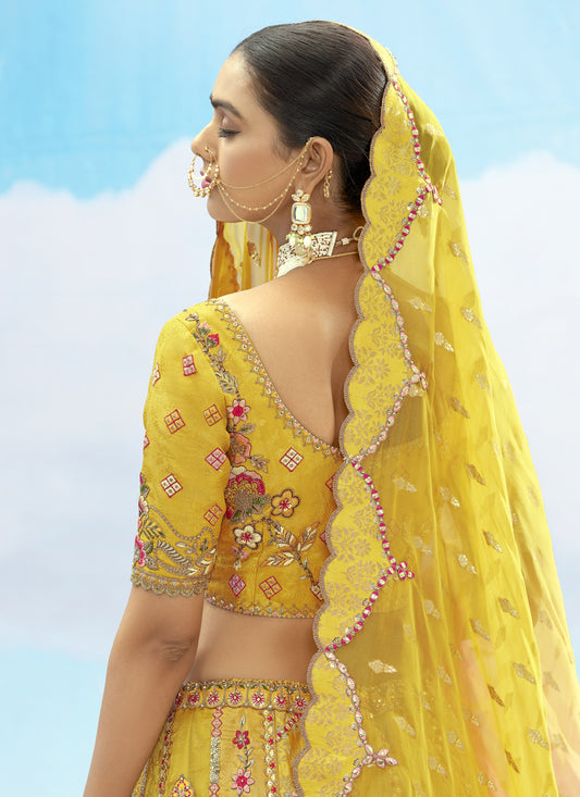 Lovely Lemon Yellow Silk Embroidered Designer Wedding Lehenga Choli Set