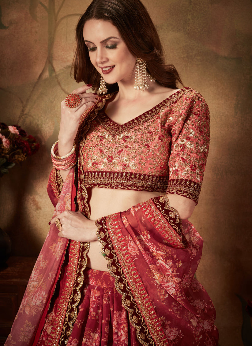 Astonishing Maroon and Peach Organza Printed Wedding Lehenga Choli