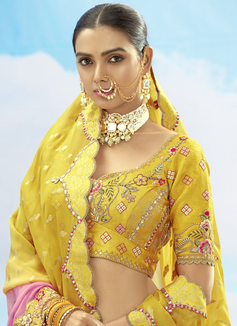 Lovely Lemon Yellow Silk Embroidered Designer Wedding Lehenga Choli Set