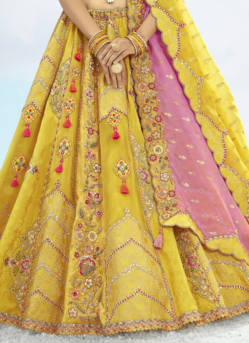 Lovely Lemon Yellow Silk Embroidered Designer Wedding Lehenga Choli Set