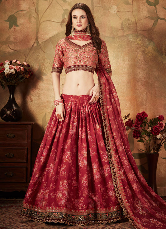 Astonishing Maroon and Peach Organza Printed Wedding Lehenga Choli