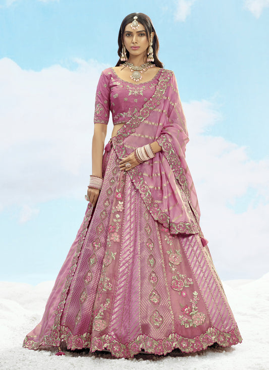 Awesome Puce Pink Silk Embroidered Designer Wedding Lehenga Choli Set