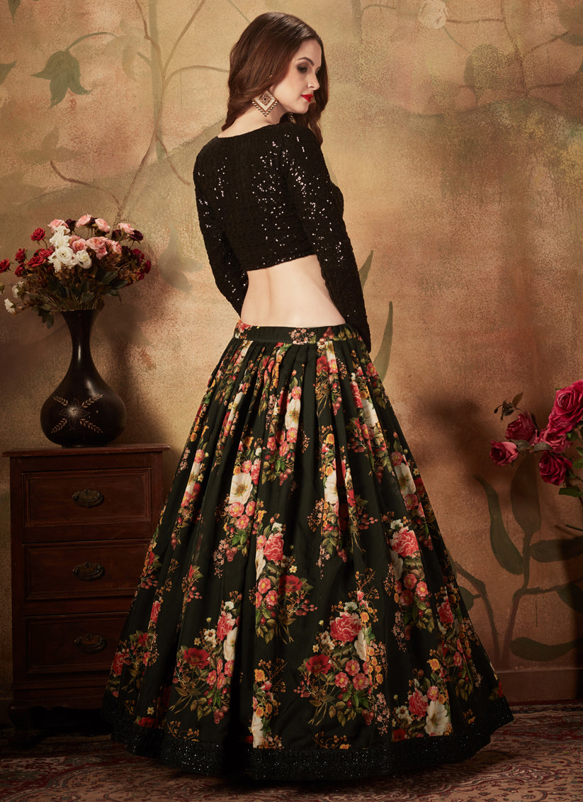 Stunning Black Organza Printed Wedding Lehenga Choli
