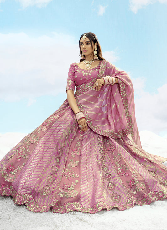 Awesome Puce Pink Silk Embroidered Designer Wedding Lehenga Choli Set
