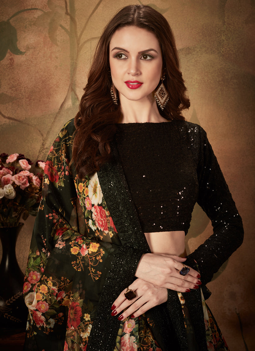 Stunning Black Organza Printed Wedding Lehenga Choli