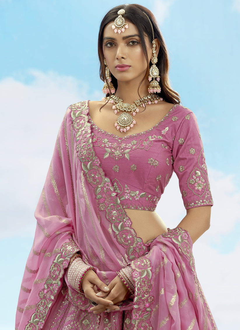 Awesome Puce Pink Silk Embroidered Designer Wedding Lehenga Choli Set