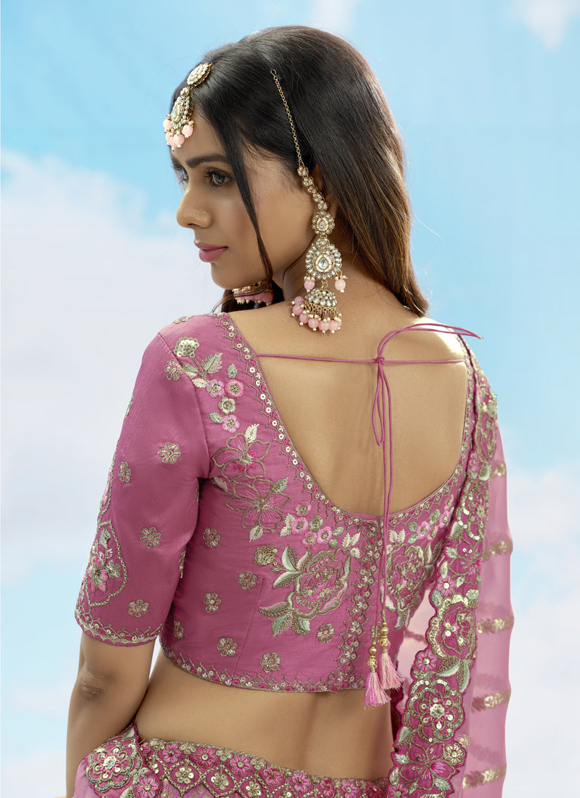 Awesome Puce Pink Silk Embroidered Designer Wedding Lehenga Choli Set