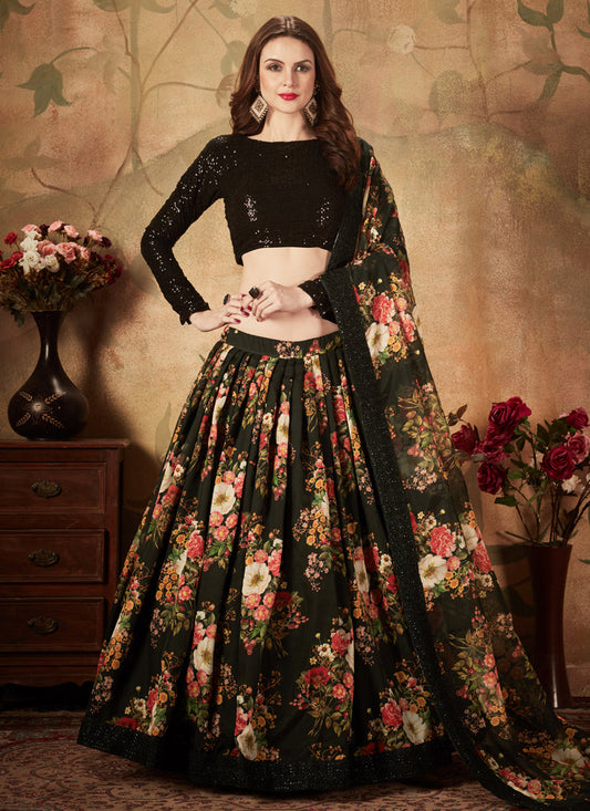 Stunning Black Organza Printed Wedding Lehenga Choli