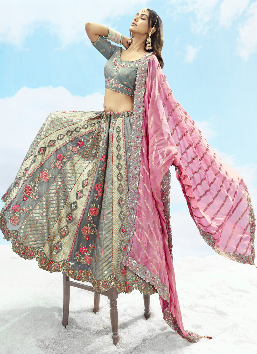 Glamorous Grey Silk Embroidered Designer Wedding Lehenga Choli Set