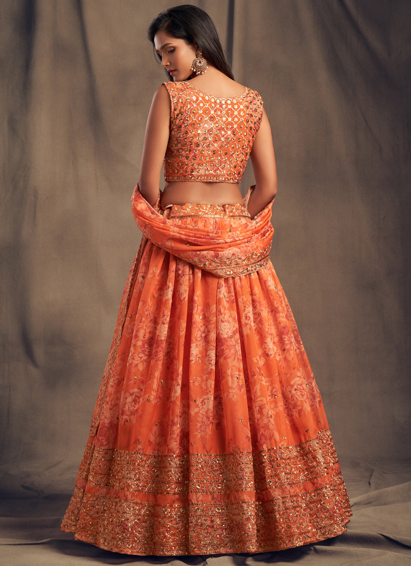 Stunning Orange Organza Embroidered Designer Lehenga Choli