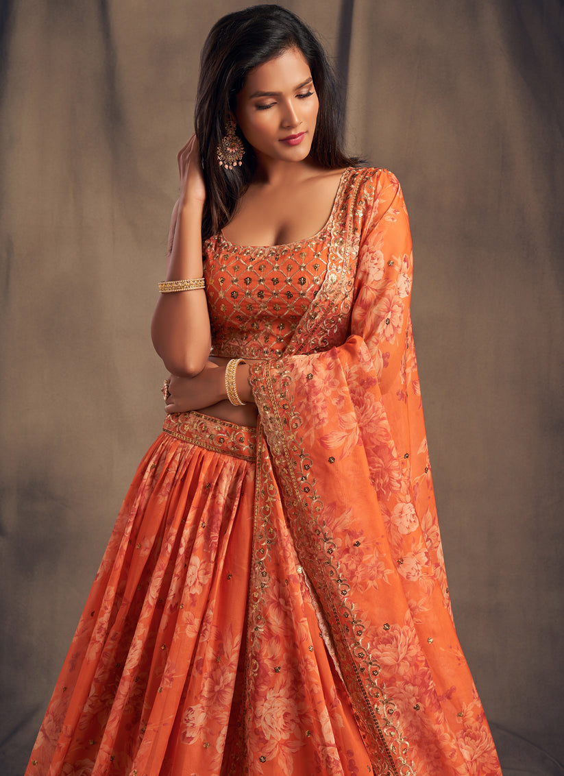 Stunning Orange Organza Embroidered Designer Lehenga Choli