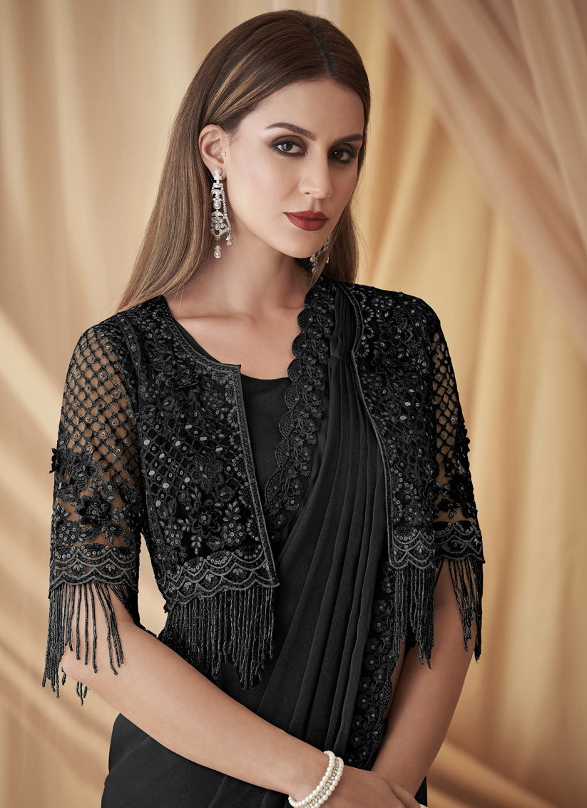 Black Satin Georgette Embroidered Saree with Jacket Blouse