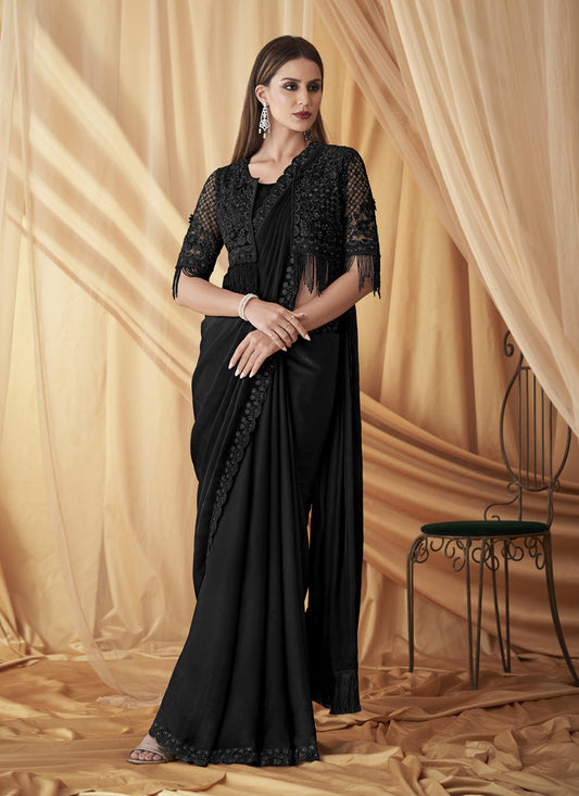 Black Satin Georgette Embroidered Saree with Jacket Blouse