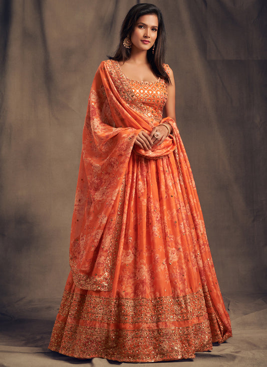 Stunning Orange Organza Embroidered Designer Lehenga Choli