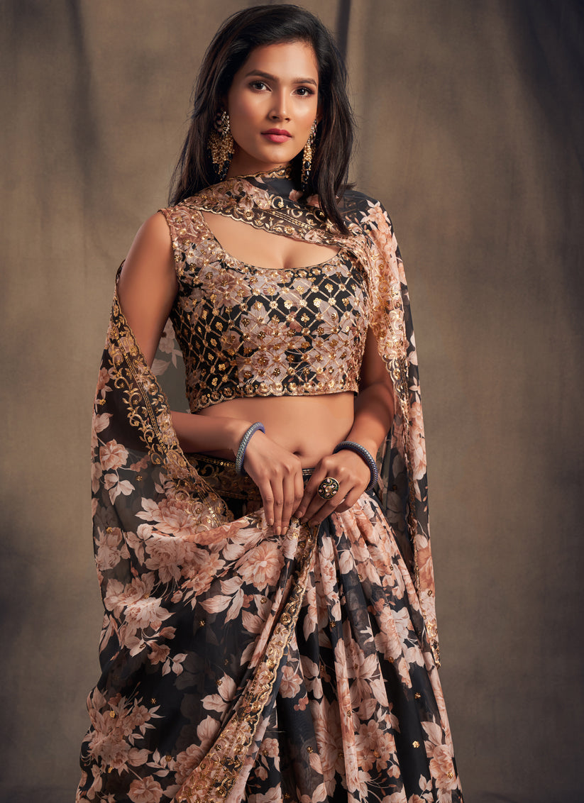 Awesome Black Organza Embroidered Designer Lehenga Choli