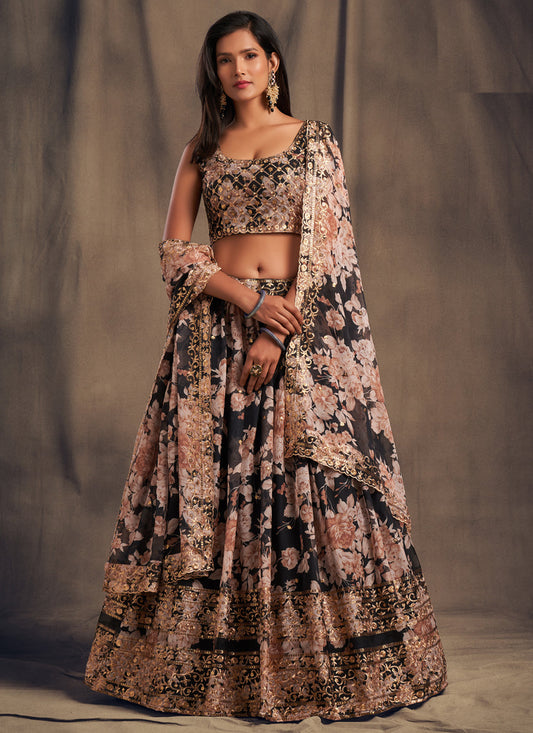 Awesome Black Organza Embroidered Designer Lehenga Choli