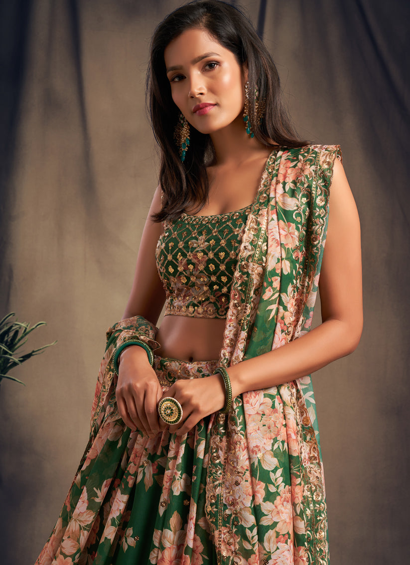 Elegant Green Organza Embroidered Designer Lehenga Choli