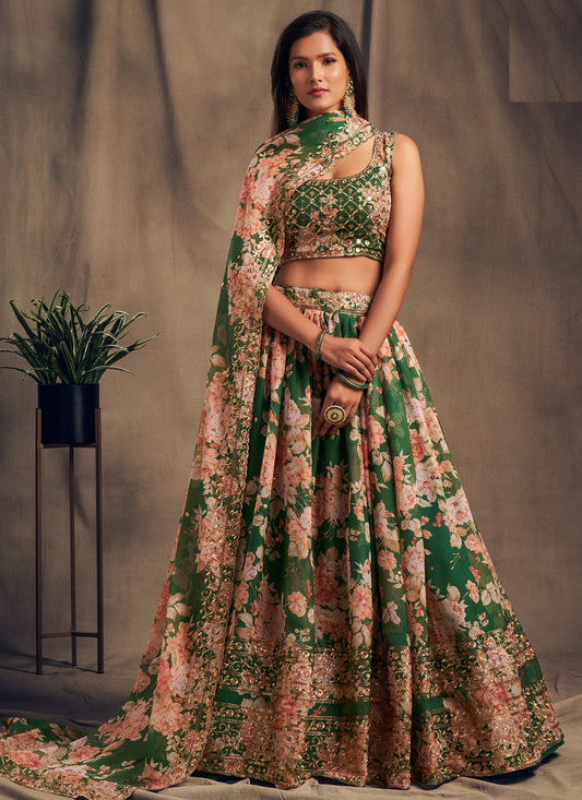 Elegant Green Organza Embroidered Designer Lehenga Choli