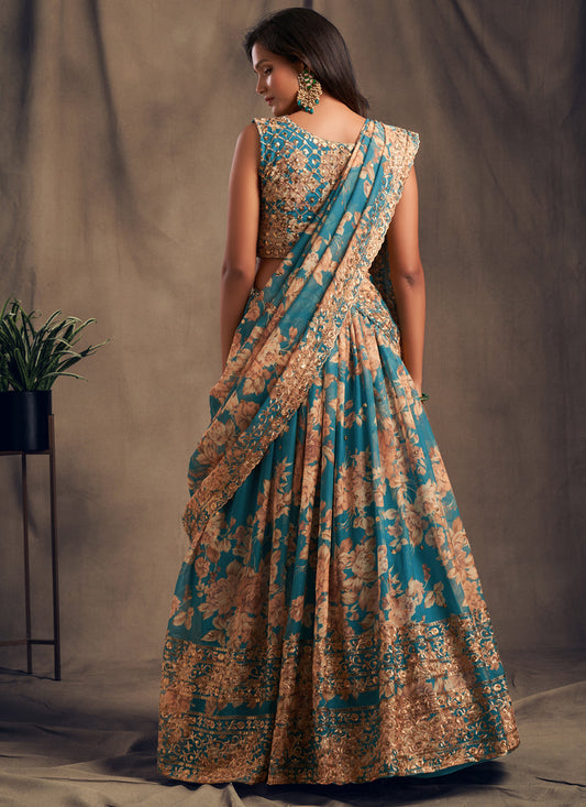Captivating Teal Blue Organza Embroidered Designer Lehenga Choli