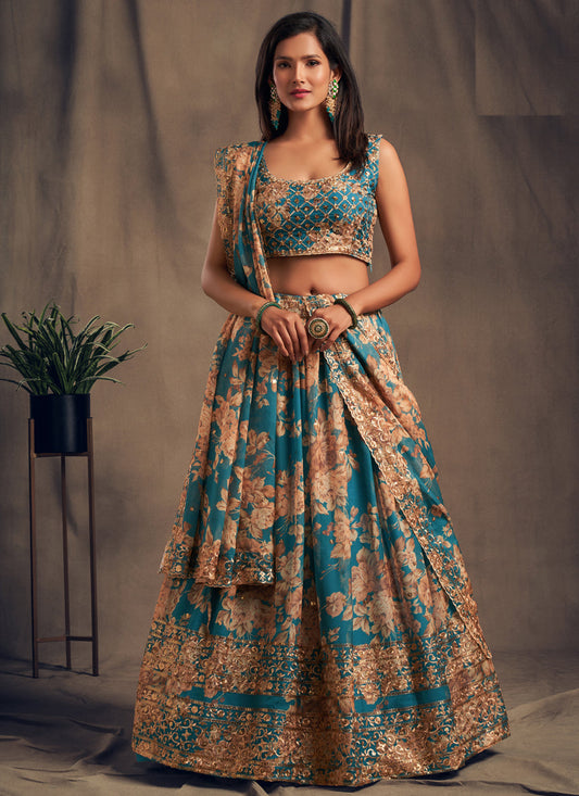 Captivating Teal Blue Organza Embroidered Designer Lehenga Choli