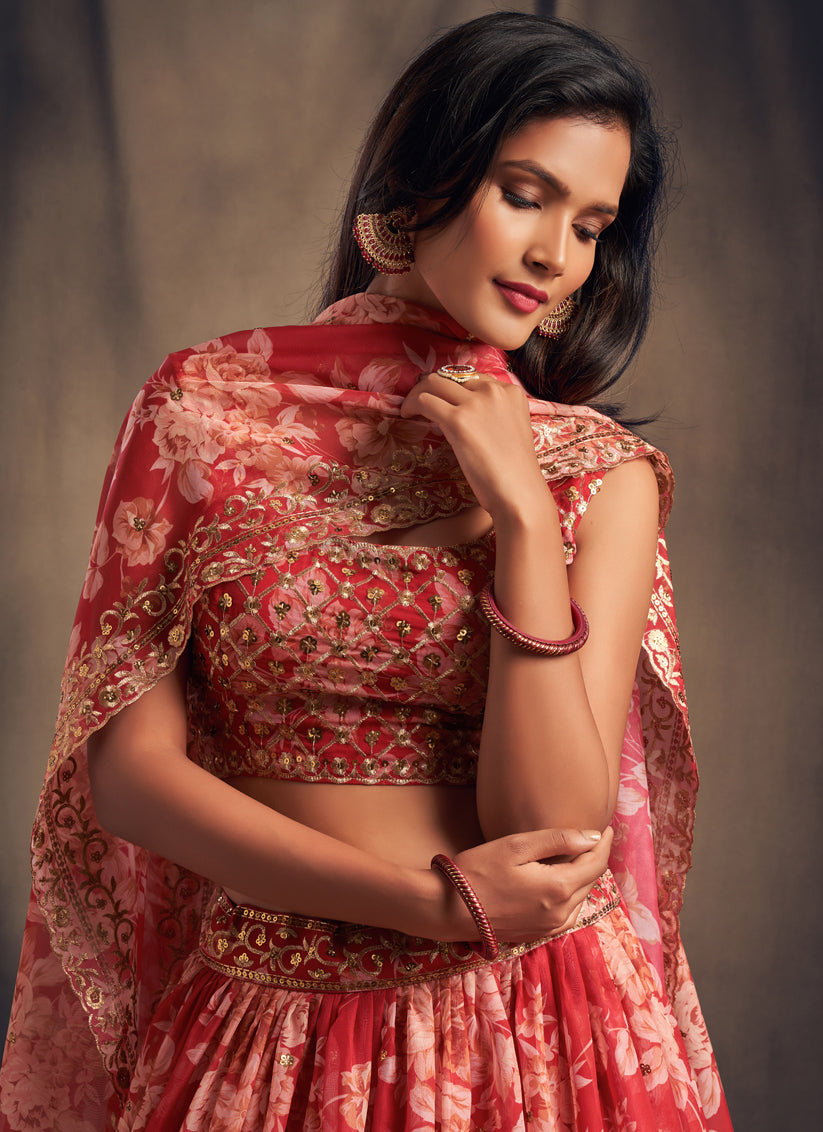 Sweet Red Organza Embroidered Designer Lehenga Choli
