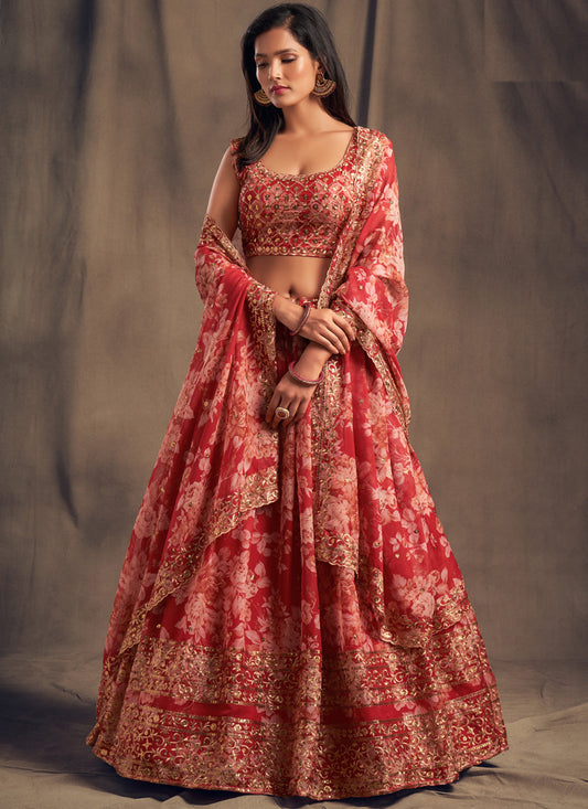 Sweet Red Organza Embroidered Designer Lehenga Choli