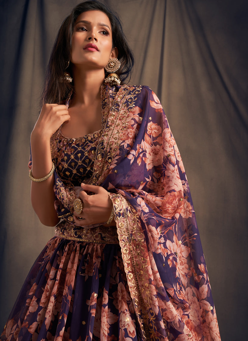 Stylish Purple Organza Embroidered Designer Lehenga Choli