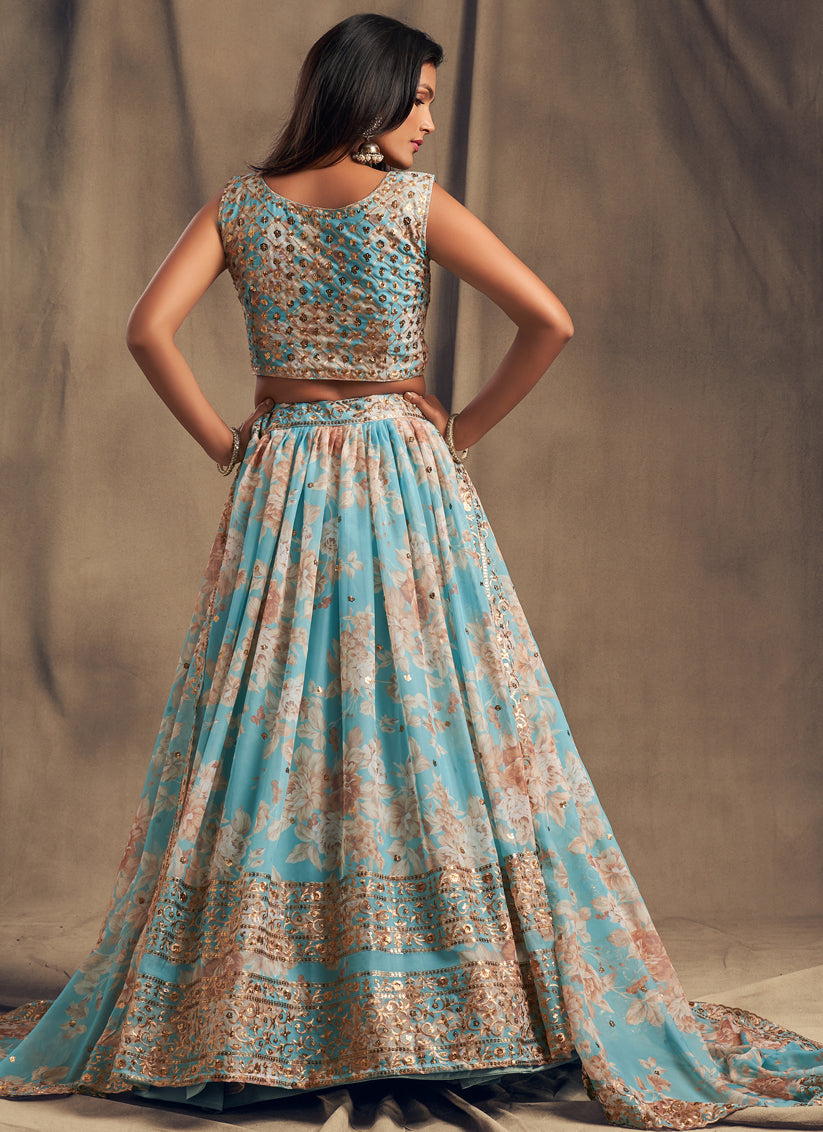 Beautiful Sky Blue Organza Embroidered Designer Lehenga Choli