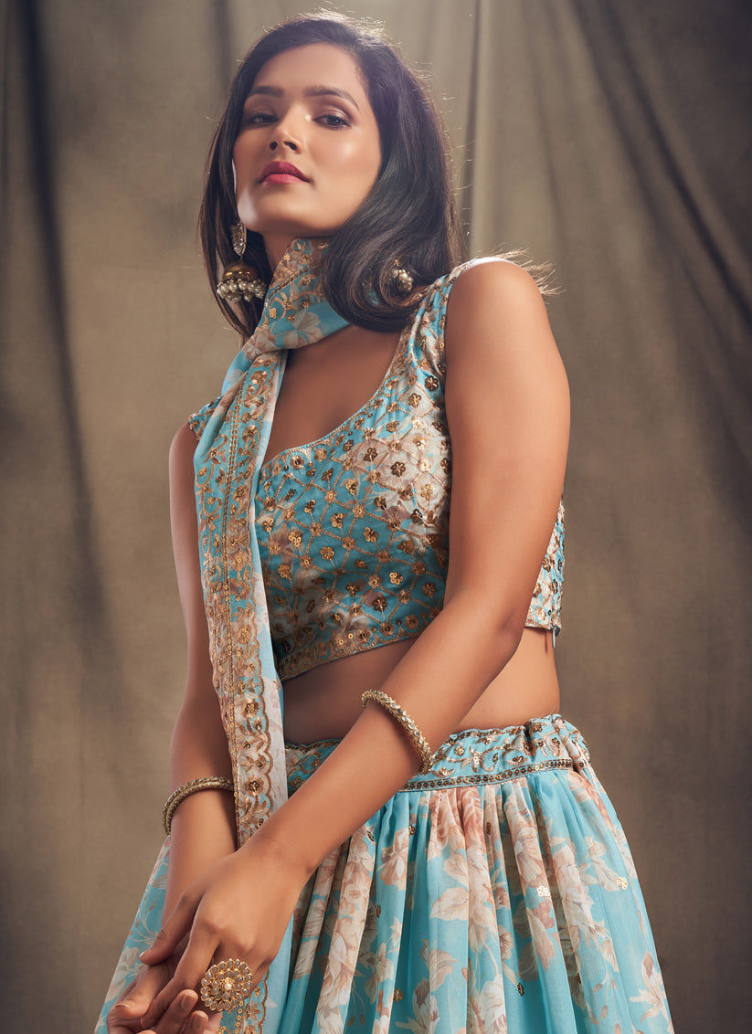 Beautiful Sky Blue Organza Embroidered Designer Lehenga Choli