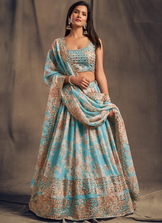 Beautiful Sky Blue Organza Embroidered Designer Lehenga Choli