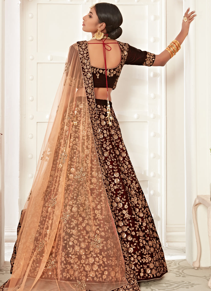 Stylish Maroon Velvet Embroidered Bridal Lehenga Choli