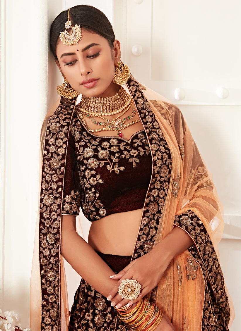 Stylish Maroon Velvet Embroidered Bridal Lehenga Choli