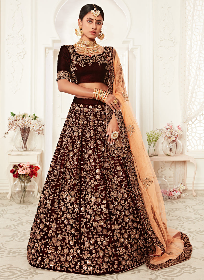 Stylish Maroon Velvet Embroidered Bridal Lehenga Choli