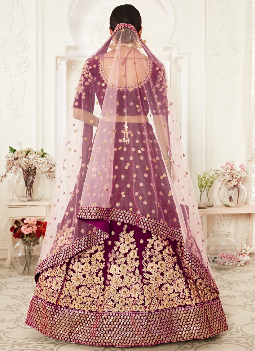 Beautiful Purple Velvet Embroidered Bridal Lehenga Choli