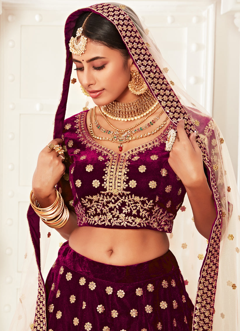 Beautiful Purple Velvet Embroidered Bridal Lehenga Choli