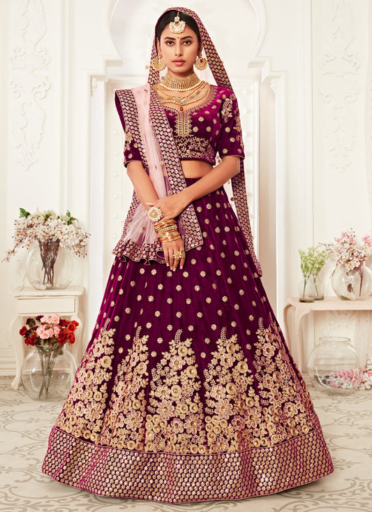 Beautiful Purple Velvet Embroidered Bridal Lehenga Choli