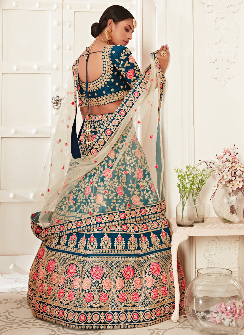 Voguish Blue Slub Silk Embroidered Bridal Lehenga Choli