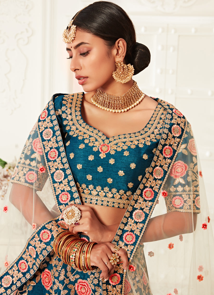 Voguish Blue Slub Silk Embroidered Bridal Lehenga Choli