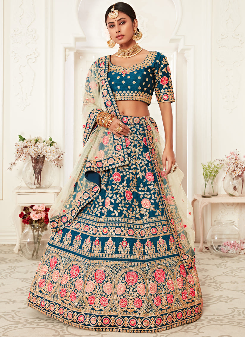 Voguish Blue Slub Silk Embroidered Bridal Lehenga Choli