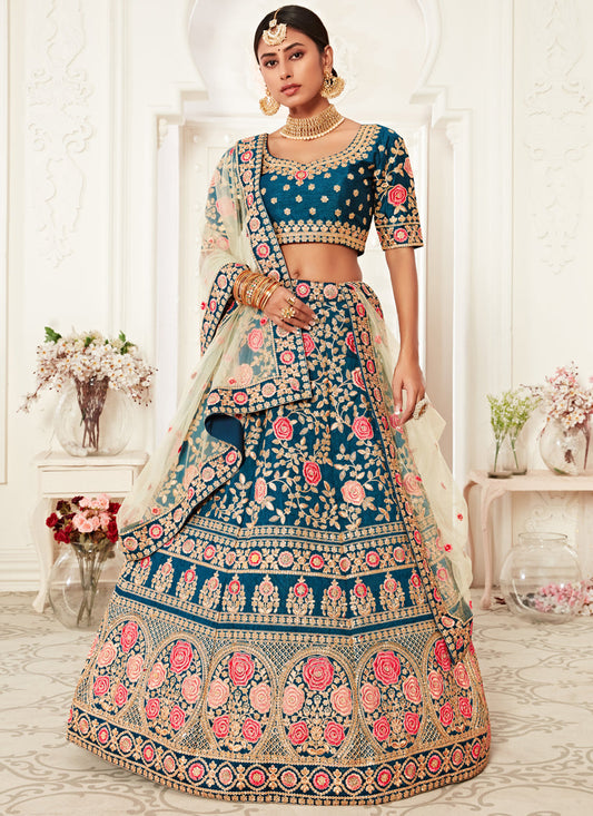 Voguish Blue Slub Silk Embroidered Bridal Lehenga Choli