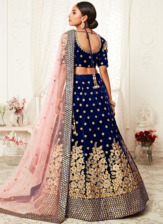 Opulent Navy Blue Velvet Embroidered Bridal Lehenga Choli